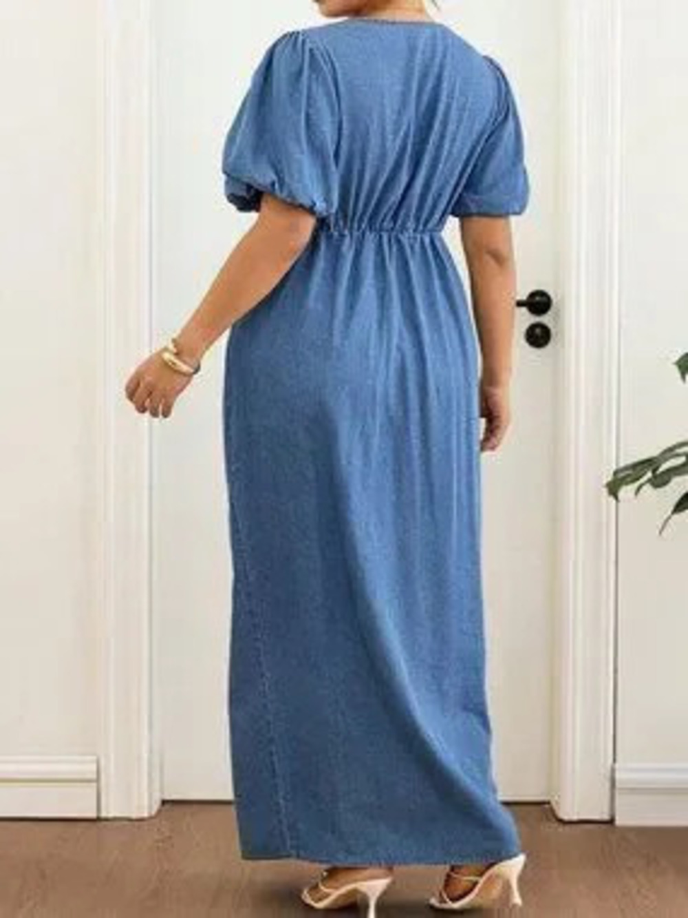 ZARA Blue Casual Women's Plus Size Deep V-Neck Denim Maxi Dress